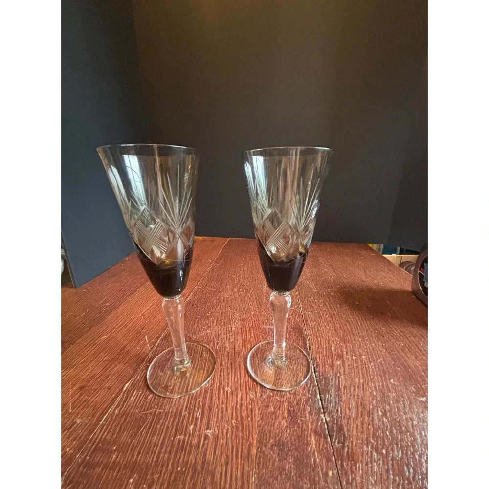 Vintage Smoke Gray Cut Glass Champagne Flutes Set of 2 Etched Crystal Barware